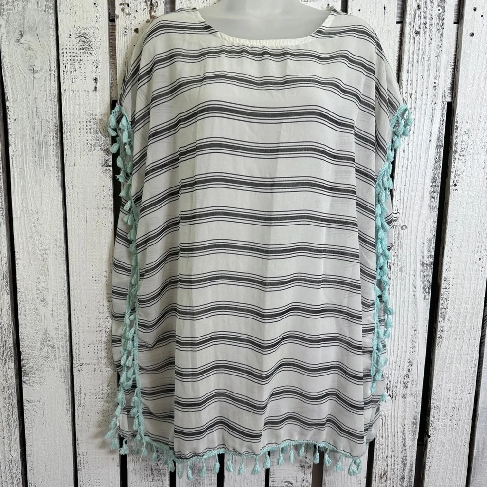 Swimsuit Cover Up Semi Sheer Black & White Striped Turquoise Fringe One Size